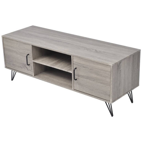 vidaXL - Modern Farmhouse-Style TV Cabinet, Gray - Quality MDF Material with PVC Cover & Metal Frame - Ample Storage Space with 2 Open Shelve & 2 Compartments - Cable Outlets for Organized Setup