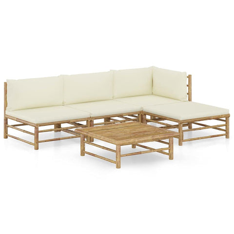 Oakestry 5-Piece Garden Lounge Set Cream White, Bamboo Outdoor Sofa Set with Polyester Cushions, Modular Patio Seating