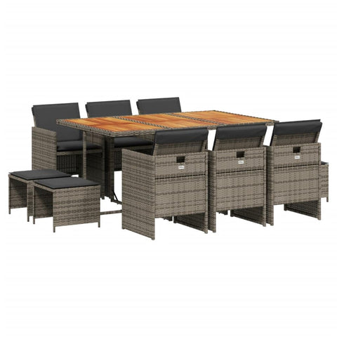 vidaXL - 11 Piece Patio Dining Set with Cushions - Gray Poly Rattan - Table & Chairs - Outdoor/Garden Furniture