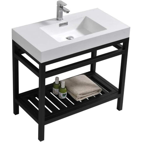 Oakestry Cisco 36-Inch Stainless Steel Bathroom Console Sink Wall Mounted Vanity With Acrylic Sink Matte Black Legs Open Shelf Compact Modern Bathroom Sink for Small Spaces