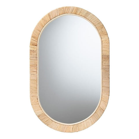 Baxton Studio Bella Natural Brown Mahognay Wood and Natural Rattan Oval Mirror