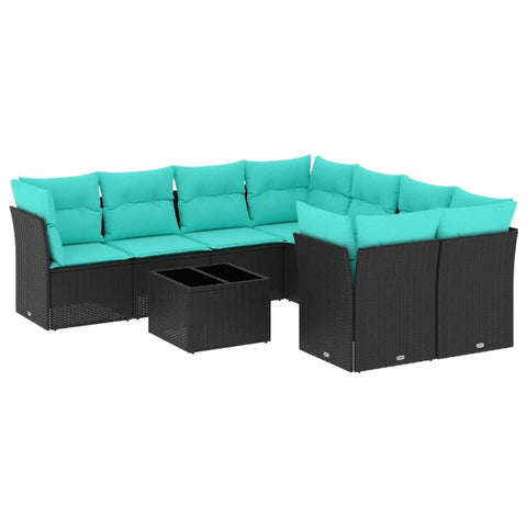 vidaXL 9-piece garden furniture set, garden furniture set with cushions, seating set for garden terrace, sectional garden sofa, table with glass top, black polyrattan