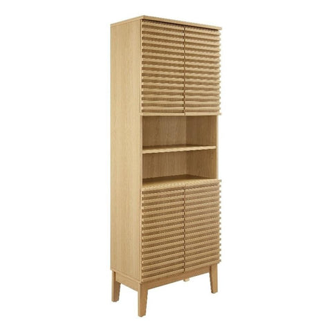 Modway Render Tall Bathroom Storage Tower in Oak - 63” Freestanding Linen Cabinet with Open Shelves and 4 Soft-Close Doors - Towel and Makeup Organizer