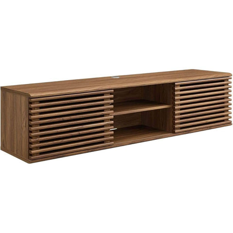 Oakestry Render 60 Inch Wall Mount Media Console Walnut Finish Floating TV Stand Mid Century Modern Entertainment Center with Storage Shelves for Living Room and Bedroom