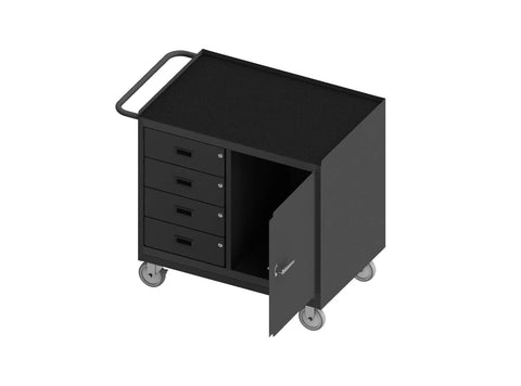 Mobile Bench Cabinet With 5 Inch X 1-1/4 Inch Polyurethane Casters (2) Rigid And (2) Swivel 1 Storage Area With 1 Door 4 Drawers Black Rubber Mat Top Work Surface With Tubular Push Handle Gray