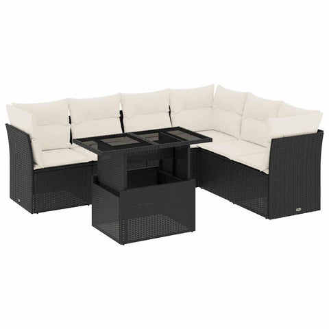 vidaXL Patio Sofa Set with Cushions 7 Piece, Garden Lounge Set, Outdoor Conversation Set, Sectional Sofa for Garden, Modern Style, Black Poly Rattan