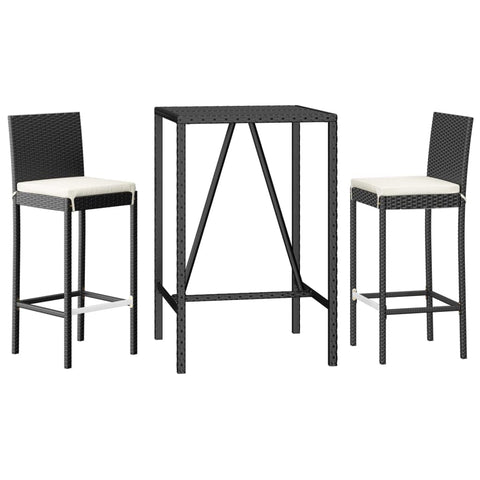 vidaXL - 3 Piece Patio Bar Set with Cushions - Black Poly Rattan Garden/Outdoor Furniture - Tempered Glass Tabletop