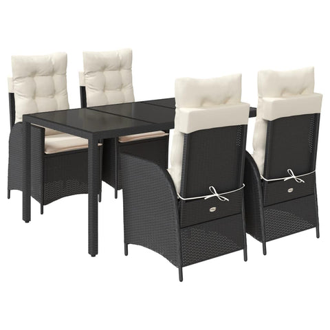 vidaXL 5 Piece Patio Dining Set - Black PE Rattan Outdoor Table and Reclining Chairs with Cushions for Garden/Patio/Backyard, Tempered Glass Top