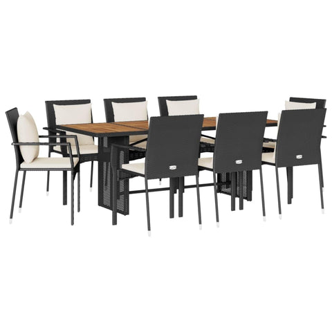 vidaXL 9 Piece Patio Dining Set - Black Poly Rattan with Cushions and Acacia Wood Table for Garden/Backyard Use