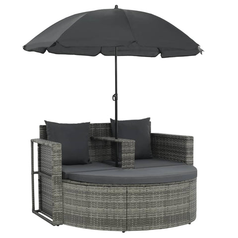vidaXL 2 Seater Patio Sofa with Cushions and Parasol - Garden and Outdoor Decor - Weather Poly Rattan Furniture - Gray Color