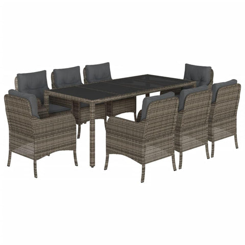 vidaXL 9 Piece Patio Dining Set - Gray Poly Rattan, Cushions, Tempered Glass Table, Outdoor/Balcony/Garden/Backyard Furniture