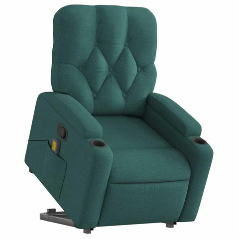 vidaXL Stand Up Massage Recliner Chair - Dark Green Fabric - Power Lift Armchair with Cup Holders, Side Pocket, Vibration Massage, Manual Recline for Living Room Comfort