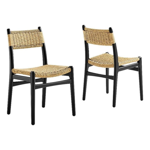 Modway Wynn Wood and Rope Dining Side Chairs Set of 2 in Black Natural - Armless Kitchen Table Chairs - Modern Mid-Century Accent Chairs for Living Room, Reception Area, Office