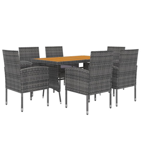 vidaXL Outdoor Patio Dining Set - 7 Pieces, Durable Poly Rattan and Steel Frame, Ergonomic Garden Chairs, Solid Acacia Wood Table, Waterproof, Gray.