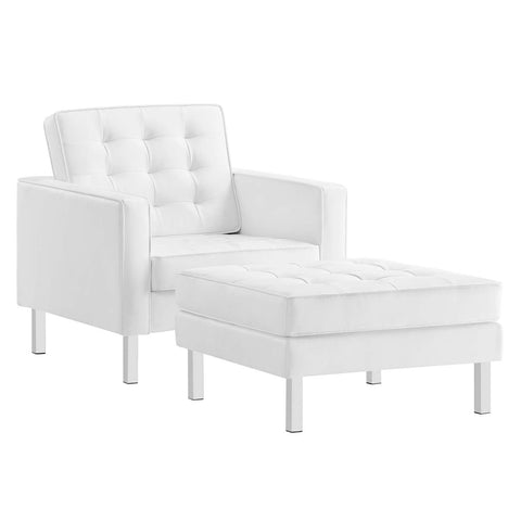Modway EEI-6409-SLV-WHI-SET Loft Tufted Vegan Leather Armchair and Ottoman Set, Silver White