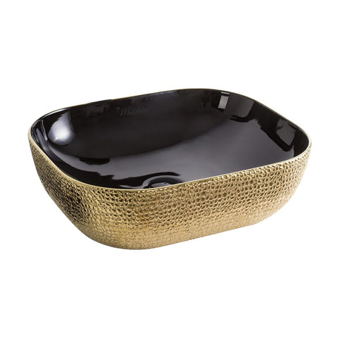 Whitehaus Collection WH71333-F22 Isabella Plus Collection Rectangular Above Mount Basin with an Embossed Exterior, Smooth Interior, and Center Drain, 18"L x 12.5"W x 5.5"H, Black/Gold