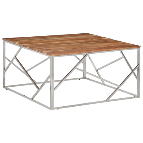 vidaXL Acacia Wood & Stainless Steel Coffee Table - Silver Frame, 39.4"x39.4"x19.7", Square, Modern Living Room Centerpiece, Solid Wood Top, Easy Clean