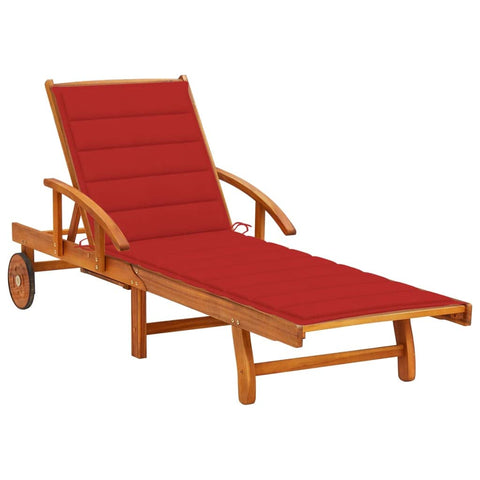 vidaXL Patio Sun Lounger - Adjustable Acacia Wood Outdoor Lounge Chair with Red Cushion - Trendy Garden Lounger with Pull-Out Table - Versatile Design Perfect for Patio, Backyard Relaxation
