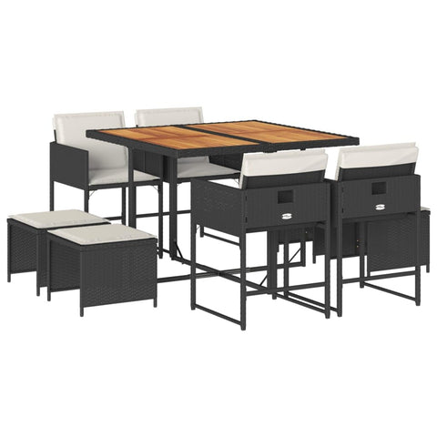vidaXL 9 Piece Patio Dining Set - Black Poly Rattan/Acacia Wood Table with Cushions, Outdoor Garden Furniture for Al Fresco Dining and Compact Storage