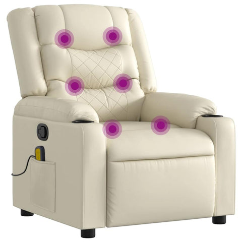 vidaXL Cream Faux Leather Massage Recliner Chair - Manual Reclining Armchair with Vibration Massage & Cup Holders for Living Room, Lounge