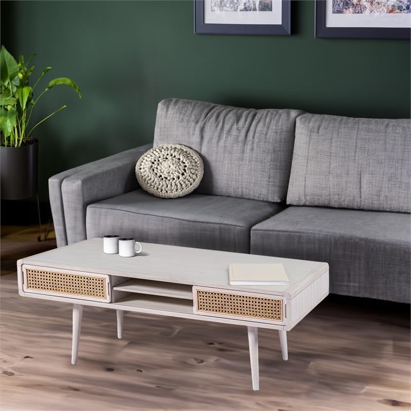 Boraam Wood Cambria Coffee Table - Zebrano Whitewash/Natural Cane Finish