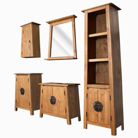 vidaXL Solid Wood Pine Retro Bathroom Furniture Set - Brown Wall-Mounted Storage Sink Cabinet with Ample Space, Metal Handles