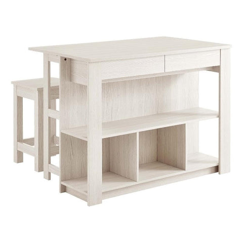 Modway Meadowbrook 3-Piece Kitchen Island with Seating and Drop-Leaf Table in White Maple - Freestanding and Small Space Kitchen Cart with Storage, Includes 2 Stools