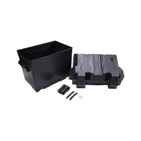 Arcon Battery Container 13034, Fits Group 24 Batteries, Strap Style Box, Black, Polypropylene, Vented, with Box/Lid/Strap/Mounting Brackets/Stainless Screws