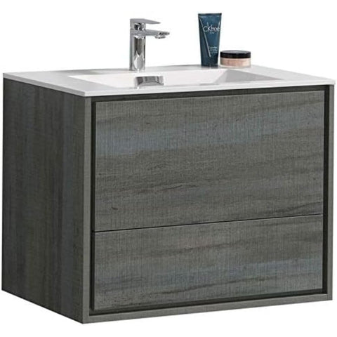 Oakestry Delusso 30-Inch Ocean Gray Wall Mount Modern Bathroom Vanity with Integrated Acrylic Sink and Soft Close Drawer