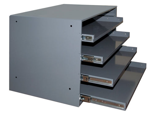 Large Bearing Slide Rack Holds 4 Compartment Boxes Heavy Duty Steel Gray