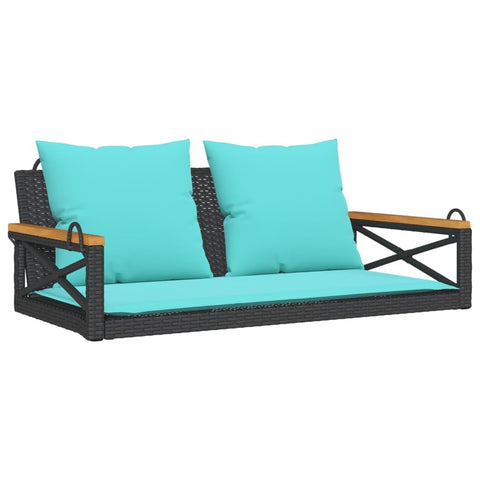 vidaXL Outdoor Black Poly Rattan Swing Bench with Blue Cushions - Garden Hammock Chair with Padded Seat, 42.9"x24.4" - Durable and Weather-