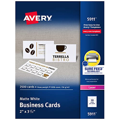 Avery Printable Business Cards with Sure Feed Technology, 2" x 3.5", White, 2,500 Blank Cards for Laser Printers (05911)