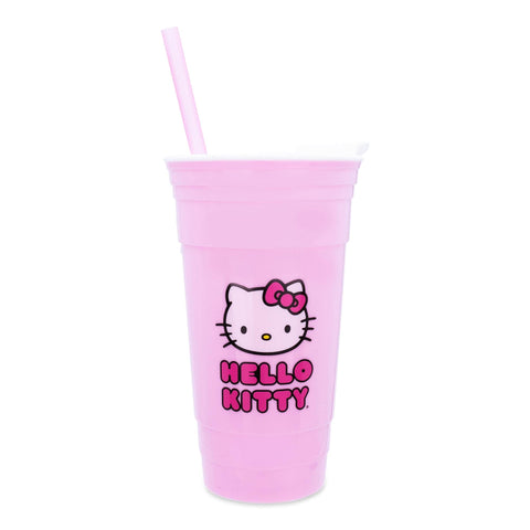 Silver Buffalo Sanrio Hello Kitty Pink Plastic Travel Tumbler With Lid and Straw | 32-Ounce Tall Carnival Cold Cup For Drinks, Beverages