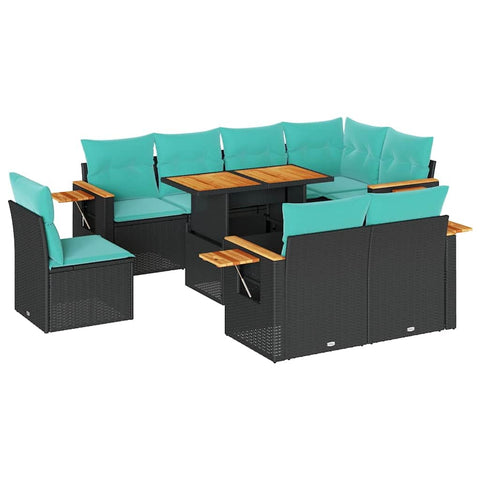 vidaXL 9 Piece Patio Sofa Set with Cushions Black Poly Rattan Acacia, Garden Sofa Set, Garden Lounge Set, Poly Rattan Sofa Set, Outdoor Sofa Set