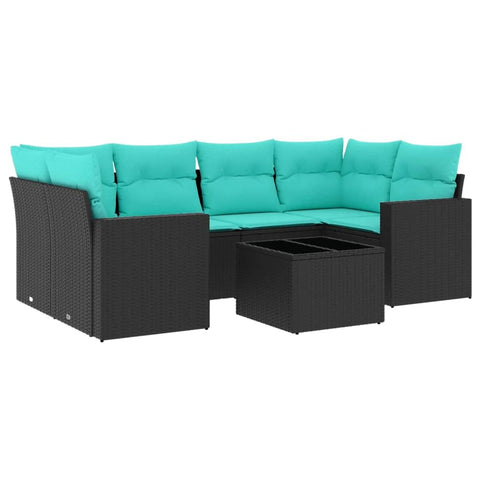 vidaXL Patio Sofa Set with Cushions 7 Piece, Sectional Sofa with Glass Table, Outdoor Conversation Set, Patio Furniture, Black Poly Rattan