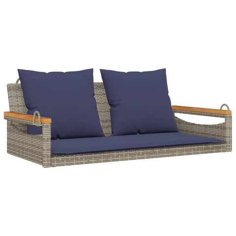 vidaXL Gray Poly Rattan Swing Bench with Cushions - Outdoor Hammock Chair with Navy Blue Cushions for Garden, Patio, Deck