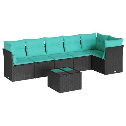 vidaXL Patio Sofa Set with Cushions 7 Piece, Sectional Sofa with Glass Table, Outdoor Conversation Set, Modern Style, Black Poly Rattan