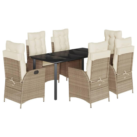 vidaXL 7-Piece Patio Dining Set - Beige Poly Rattan Outdoor Furniture with Cushions and Glass Tabletop - Garden, Backyard, Patio