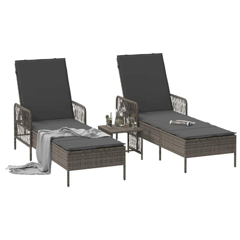 vidaXL Sun Lounger Reclining 3 pcs Grey and Dark Grey Poly Rattan, Garden and Terrace Lounger, Rectangular, Modern Design, Durable Multi-Position Backrest, Removable Cover, Poolside Furniture