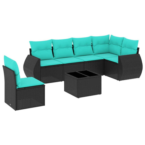 vidaXL 7 Piece Garden Sofa Set with Cushions Black Poly Rattan