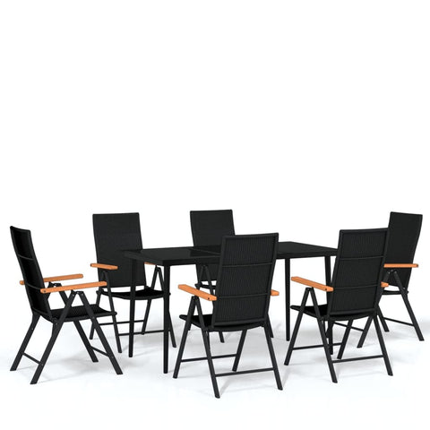 vidaXL 7-Piece Outdoor Patio Dining Set - Black, Steel Frame & Glass Table, Water- PE Rattan Chairs with 7 Recline Positions
