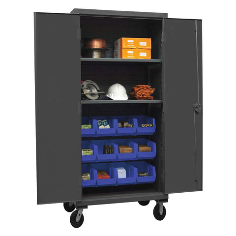 Durham HDCM36-12-2S5295 Lockable Mobile Cabinet with 12 Blue Hook-On Bins, 36" Wide, 12 Gauge