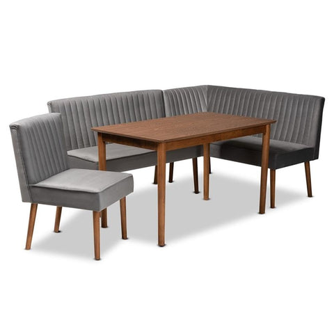 Baxton Studio Alvis Gray Velvet and Brown Wood 4-Piece Dining Nook Set