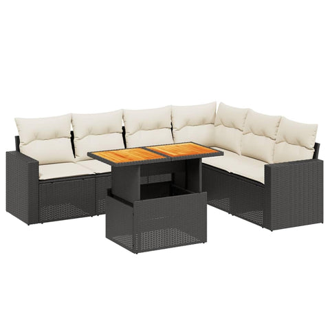 vidaXL 7 Piece Garden Sofa Set with Removable Cushions Modern Patio Furniture Black and Cream Outdoor Lounge Poly Rattan Sectional for Chairs Conversation
