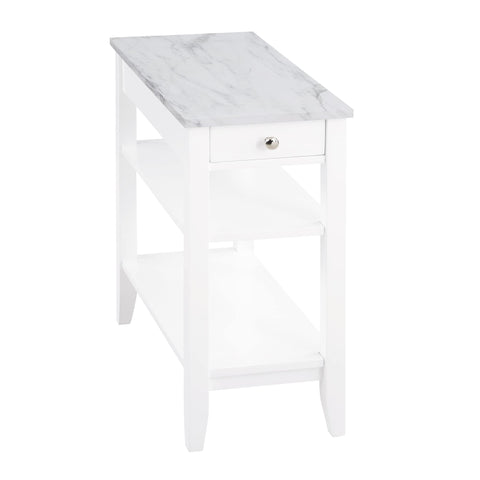 Convenience Concepts American Heritage Chairside End Table with Drawer 23.5" - Classic Living Room Table with Storage Shelf, Bedroom Nightstand, White Faux Marble/White