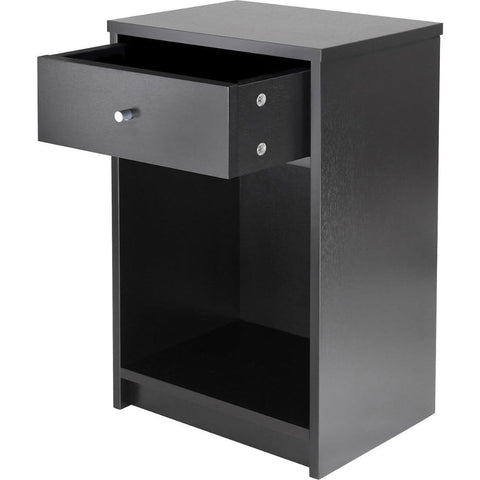 Oakestry Squamish Night Stand Black Wooden Bedside Table with Drawer and Open Shelf Compact Bedroom Storage Furniture Accent Piece Slim Profile Nightstand Functional Side Table for Small Spaces