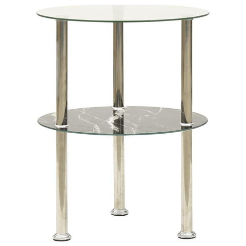 vidaXL Modern 2-Tier Side Table 15" - Transparent & Black Marble, Tempered Glass with Rough Grinding Finish, Versatile Furniture for Living Room