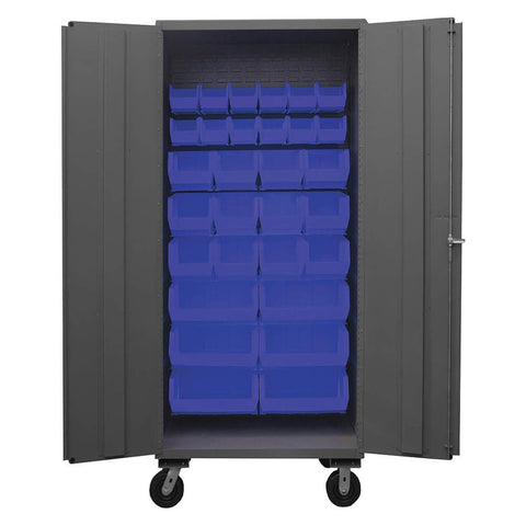 Durham 2501M-BLP-30-5295 Lockable Mobile Cabinet with 30 Blue Hook-On Bins, Flush Door Style, 36" Wide, 16 Gauge, Gray