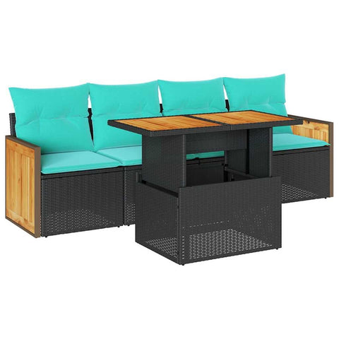vidaXL 5 Piece Patio Sofa Set with Cushions Black Poly Rattan Acacia, Garden Sofa Set, Garden Lounge Set, Poly Rattan Sofa Set, Outdoor Sofa Set
