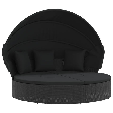 vidaXL Patio Lounge Bed with Canopy and Cushions - Black Poly Rattan Outdoor Furniture Set - UV, Removable Covers